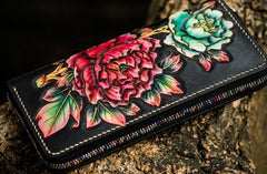 Handmade Leather Tooled Black Peony Cool Leather Wallet Zipper Long Phone Clutch Wallets for Women - imessengerbags