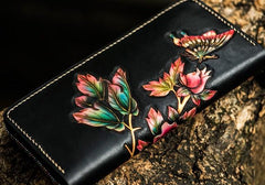 Handmade Leather Tooled Black Peony Cool Leather Wallet Zipper Long Phone Clutch Wallets for Women - imessengerbags