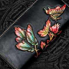 Handmade Leather Tooled Black Peony Cool Leather Wallet Zipper Long Phone Clutch Wallets for Women - imessengerbags