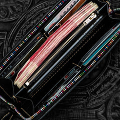 Handmade Leather Tooled Black Peony Cool Leather Wallet Zipper Long Phone Clutch Wallets for Women - imessengerbags