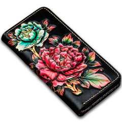 Handmade Leather Tooled Black Peony Cool Leather Wallet Zipper Long Phone Clutch Wallets for Women - imessengerbags