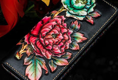 Handmade Leather Tooled Black Peony Cool Leather Wallet Zipper Long Phone Clutch Wallets for Women - imessengerbags
