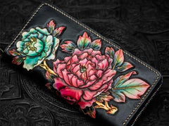 Handmade Leather Tooled Black Peony Cool Leather Wallet Zipper Long Phone Clutch Wallets for Women - imessengerbags