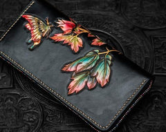 Handmade Leather Tooled Black Peony Cool Leather Wallet Zipper Long Phone Clutch Wallets for Women - imessengerbags