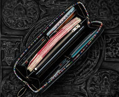 Handmade Leather Tooled Black Peony Cool Leather Wallet Zipper Long Phone Clutch Wallets for Women - imessengerbags