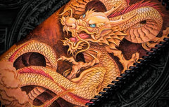 Handmade Leather Tooled Chinese Dragon Chain Wallet Mens Biker Wallet Cool Leather Wallet Long Phone Wallets for Men - imessengerbags