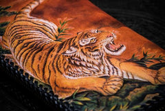 Handmade Leather Tooled Chinese Dragon Chain Wallet Mens Biker Wallet Cool Leather Wallet Long Phone Wallets for Men - imessengerbags