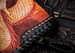 Handmade Leather Tooled Chinese Dragon Chain Wallet Mens Biker Wallet Cool Leather Wallet Long Phone Wallets for Men - imessengerbags