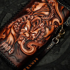 Handmade Leather Tooled Chinese Dragon Chain Wallet Mens Biker Wallet Cool Leather Wallet Long Phone Wallets for Men