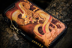 Handmade Leather Tooled Chinese Dragon Chain Wallet Mens Biker Wallet Cool Leather Wallet Long Phone Wallets for Men - imessengerbags