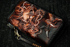 Handmade Leather Tooled Chinese Dragon Chain Wallet Mens Biker Wallet Cool Leather Wallet Long Phone Wallets for Men - imessengerbags