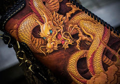 Handmade Leather Tooled Chinese Dragon Chain Wallet Mens Biker Wallet Cool Leather Wallet Long Phone Wallets for Men - imessengerbags