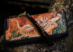 Handmade Leather Tooled Chinese Dragon Chain Wallet Mens Biker Wallet Cool Leather Wallet Long Phone Wallets for Men - imessengerbags