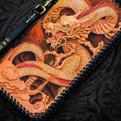 Handmade Leather Tooled Chinese Dragon Chain Wallet Mens Biker Wallet Cool Leather Wallet Long Phone Wallets for Men - imessengerbags