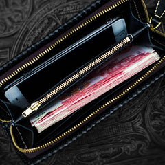Handmade Leather Tooled Chinese Dragon Chain Wallet Mens Biker Wallet Cool Leather Wallet Long Phone Wallets for Men - imessengerbags