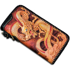 Handmade Leather Tooled Chinese Dragon Chain Wallet Mens Biker Wallet Cool Leather Wallet Long Phone Wallets for Men - imessengerbags