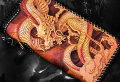Handmade Leather Tooled Chinese Dragon Chain Wallet Mens Biker Wallet Cool Leather Wallet Long Phone Wallets for Men - imessengerbags