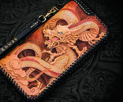 Handmade Leather Tooled Chinese Dragon Chain Wallet Mens Biker Wallet Cool Leather Wallet Long Phone Wallets for Men - imessengerbags