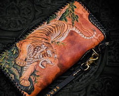 Handmade Leather Tooled Chinese Dragon Chain Wallet Mens Biker Wallet Cool Leather Wallet Long Phone Wallets for Men - imessengerbags