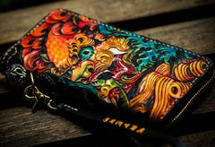 Handmade Leather Tooled Chinese Lion Black Mens Chain Biker Wallet Cool Leather Wallet Long Clutch Wallets for Men