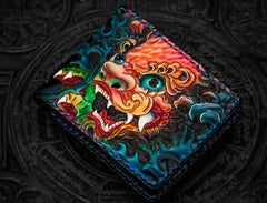 Handmade Leather Tooled Chinese Lion Mens billfold Wallet Cool Slim Wallet Biker Wallet for Men - imessengerbags