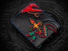 Handmade Leather Tooled Chinese Lion Mens billfold Wallet Cool Slim Wallet Biker Wallet for Men - imessengerbags