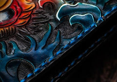 Handmade Leather Tooled Chinese Lion Mens billfold Wallet Cool Slim Wallet Biker Wallet for Men