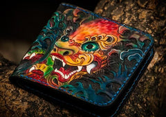 Handmade Leather Tooled Chinese Lion Mens billfold Wallet Cool Slim Wallet Biker Wallet for Men - imessengerbags