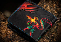 Handmade Leather Tooled Chinese Lion Mens billfold Wallet Cool Slim Wallet Biker Wallet for Men - imessengerbags