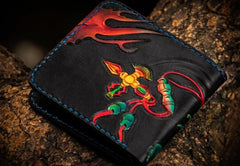 Handmade Leather Tooled Chinese Lion Mens billfold Wallet Cool Slim Wallet Biker Wallet for Men