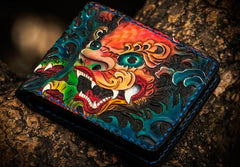 Handmade Leather Tooled Chinese Lion Mens billfold Wallet Cool Slim Wallet Biker Wallet for Men - imessengerbags
