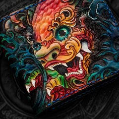 Handmade Leather Tooled Chinese Lion Mens billfold Wallet Cool Slim Wallet Biker Wallet for Men - imessengerbags