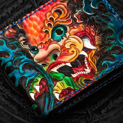 Handmade Leather Tooled Chinese Lion Mens billfold Wallet Cool Slim Wallet Biker Wallet for Men - imessengerbags