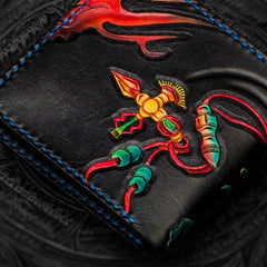 Handmade Leather Tooled Chinese Lion Mens billfold Wallet Cool Slim Wallet Biker Wallet for Men - imessengerbags