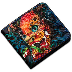 Handmade Leather Tooled Chinese Lion Mens billfold Wallet Cool Slim Wallet Biker Wallet for Men - imessengerbags