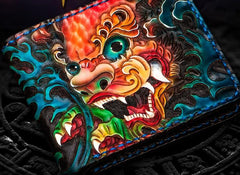 Handmade Leather Tooled Chinese Lion Mens billfold Wallet Cool Slim Wallet Biker Wallet for Men - imessengerbags