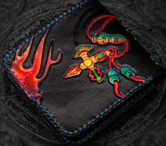 Handmade Leather Tooled Chinese Lion Mens billfold Wallet Cool Slim Wallet Biker Wallet for Men - imessengerbags