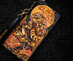 Handmade Leather Tooled Toad Chain Wallet Mens Biker Wallet Cool Leather Wallet Long Phone Wallets for Men