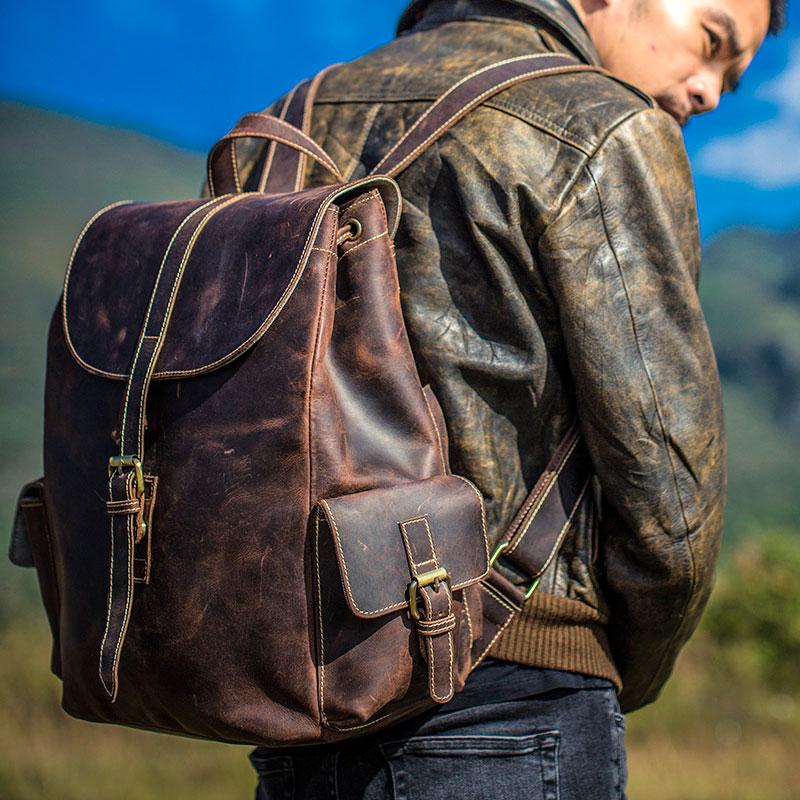 Handmade Leather Vintage Coffee Mens Cool Leather Backpack Travel Bag for men