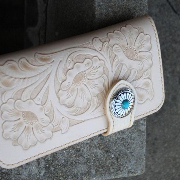 Handmade Mens Tooled Floral Leather Long Chain Wallet Cool Biker Wallet with Chain - imessengerbags