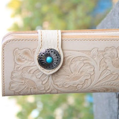 Handmade Mens Tooled Floral Leather Long Chain Wallet Cool Biker Wallet with Chain - imessengerbags