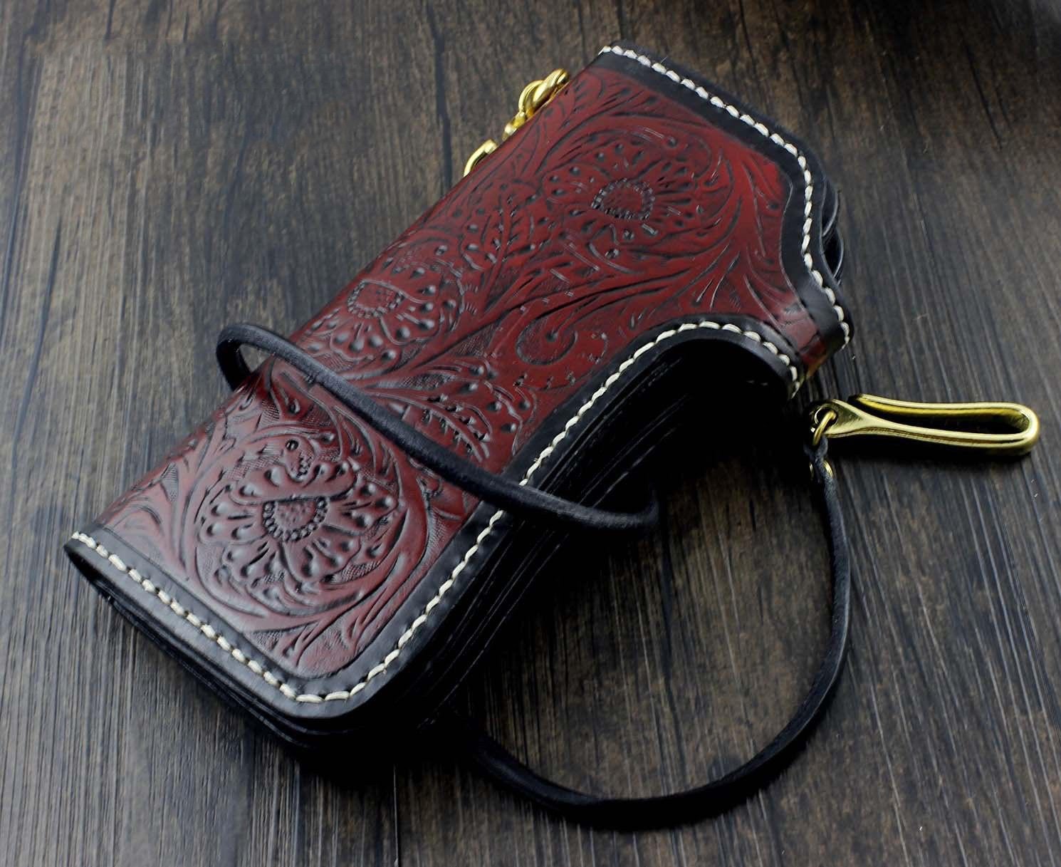 Handmade Tooled Leather Men's Biker Wallet Motorcycle Wallet Long Wallet with Chain For Men - imessengerbags