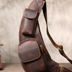 Hanmade Genuine Leather Vintage Brown Coffee Mens Cool Sling Bag Crossbody Bag Chest Bag for men - imessengerbags