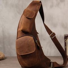 Hanmade Genuine Leather Vintage Brown Coffee Mens Cool Sling Bag Crossbody Bag Chest Bag for men - imessengerbags