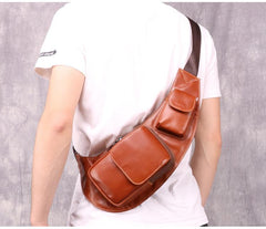 Oiled Leather Brown Men's Chest Bag Sling Bag One Shoulder Backpack For Men - imessengerbags