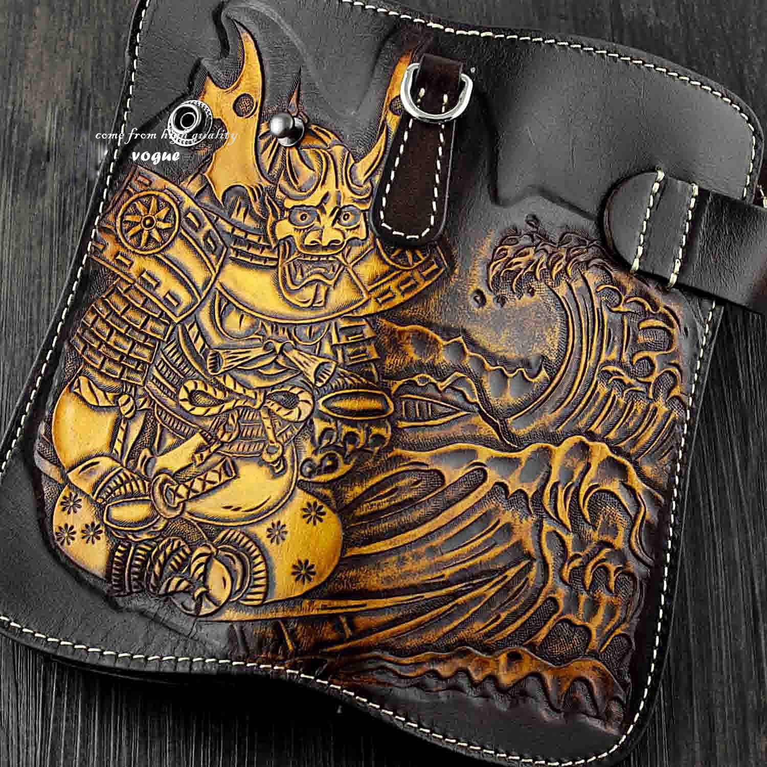 Japanese Ghost Tooled Leather Men's Biker Wallet Chain Wallet Long Wallet with Chain For Men - imessengerbags