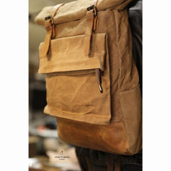 Khaki Oiled Wax Canvas Mens Rollup Backpack Travel Backpack Hiking Backpack Outdoor Backpack For Men - imessengerbags