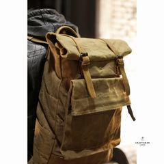 Khaki Oiled Wax Canvas Mens Rollup Backpack Travel Backpack Hiking Backpack Outdoor Backpack For Men - imessengerbags