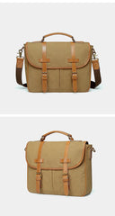 Khaki Canvas Leather Mens Casual Briefcase Shoulder Bag Messenger Bags Casual Courier Bags for Men