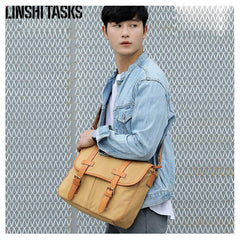 Khaki Canvas Leather Mens Casual Briefcase Shoulder Bag Messenger Bags Casual Courier Bags for Men